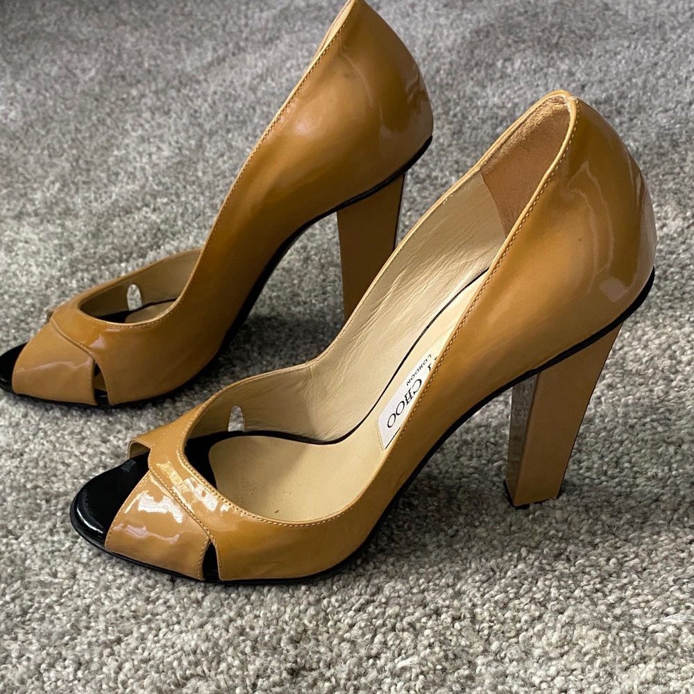 Jimmy Choo Camel Peep-Toe Heels
